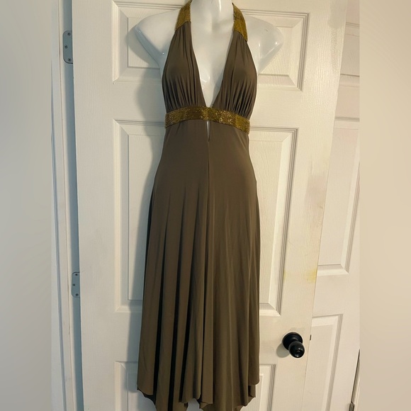 BCBG deep V neck open back olive coloured halter dress size small - Picture 1 of 3